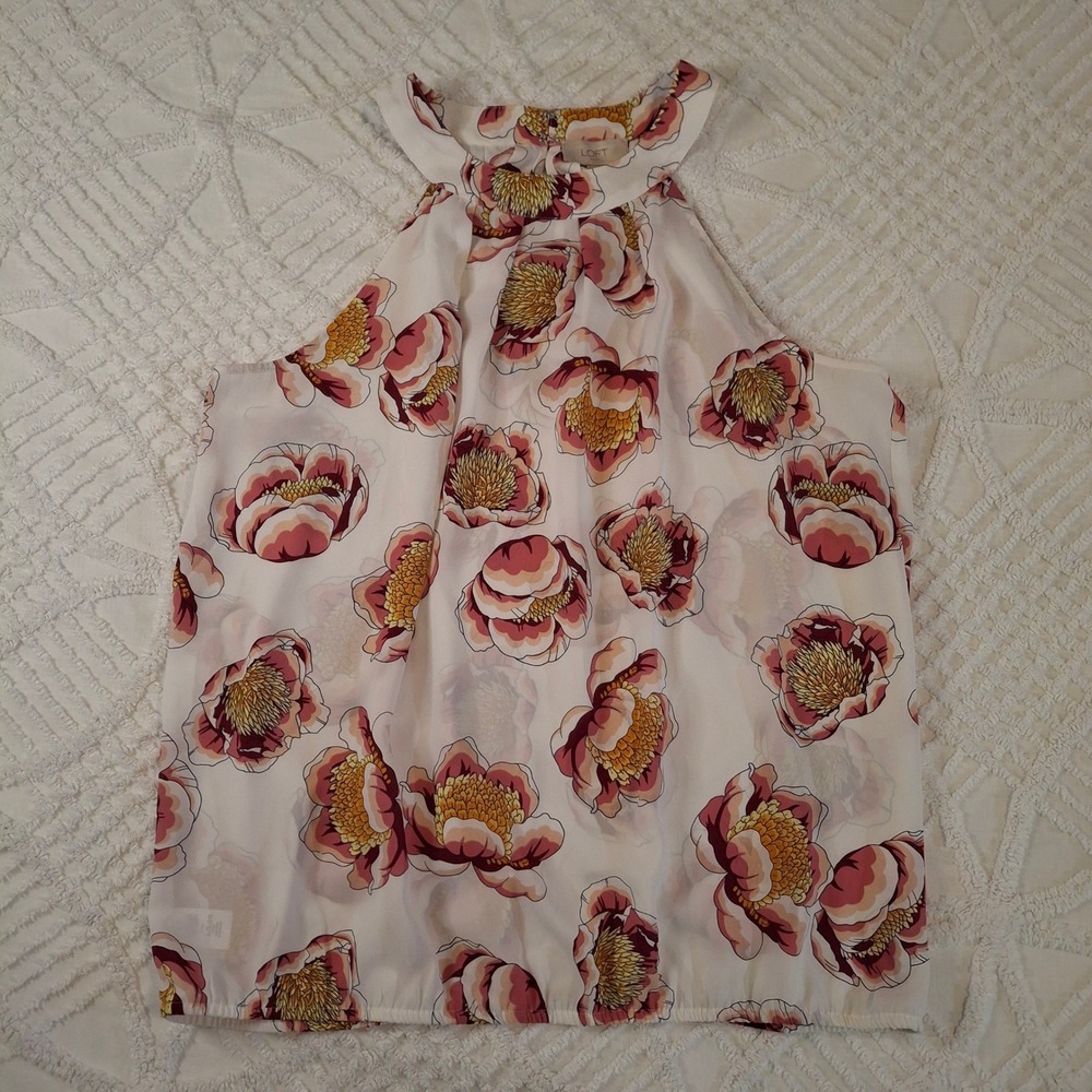 LOFT Outlet Womens Large Halter Blouse Cream Pink Floral Peony Sleeveless Top